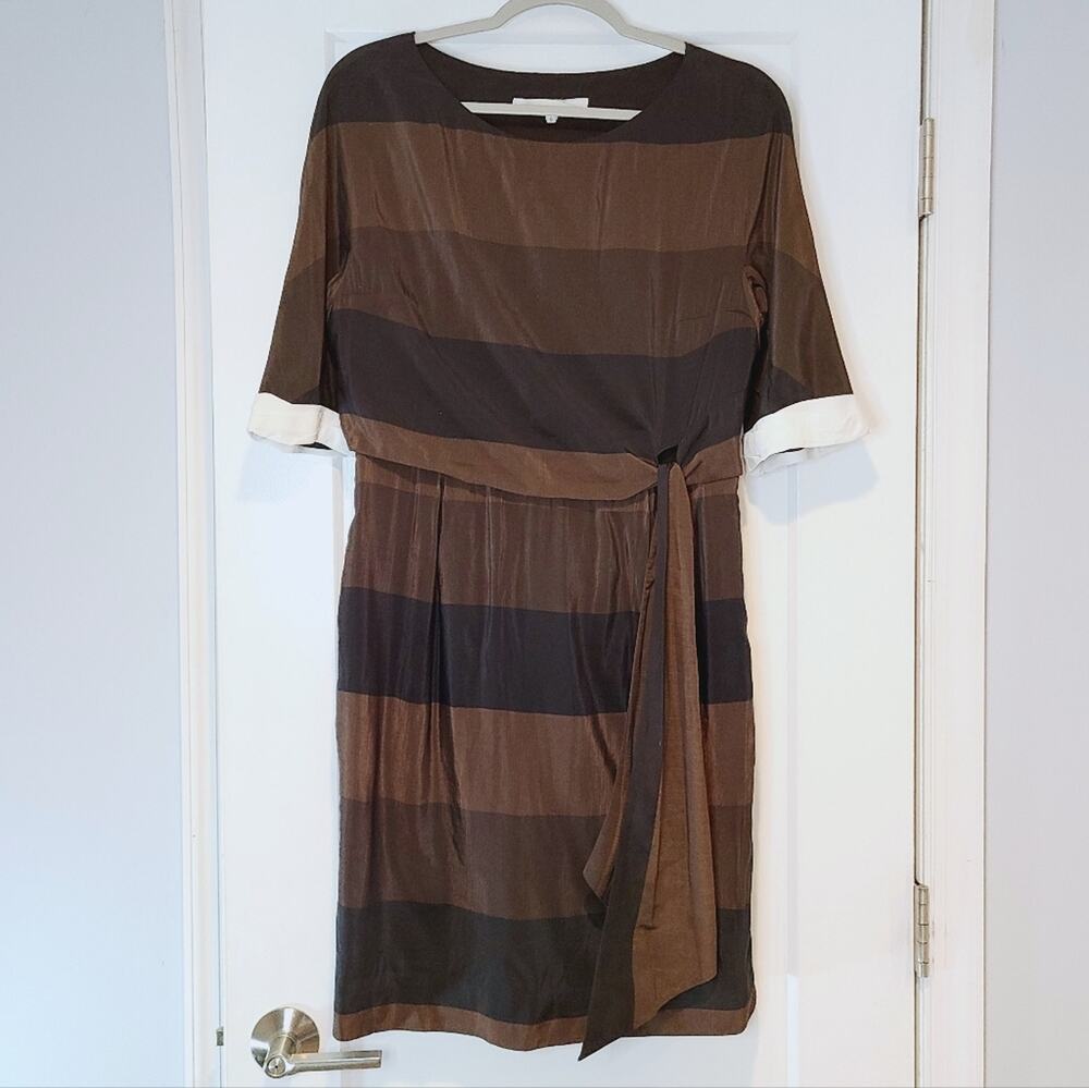 3.1 Phillip Lim Brown Black Stripe Tie Waist Dress Contrast Cuffs Size 6